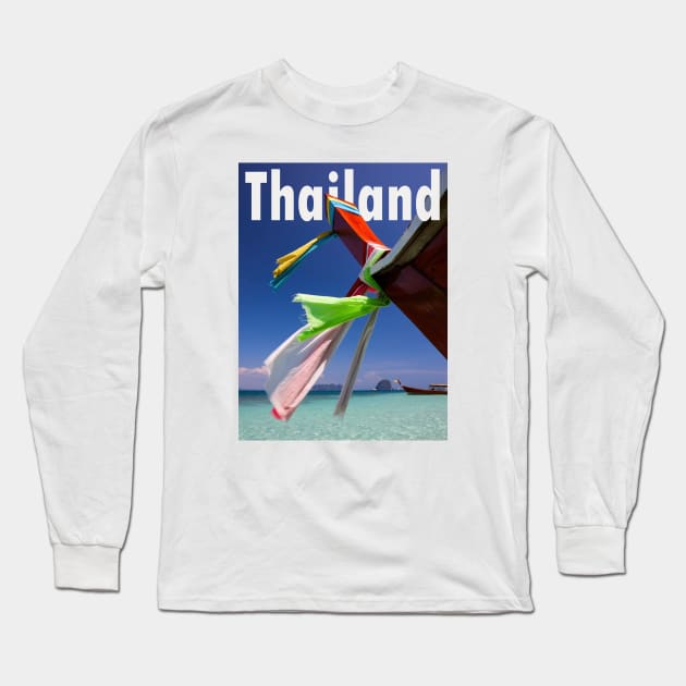 Thailand beach scene of a long tail boat on idyllic shores, typography. Long Sleeve T-Shirt by Earthworx